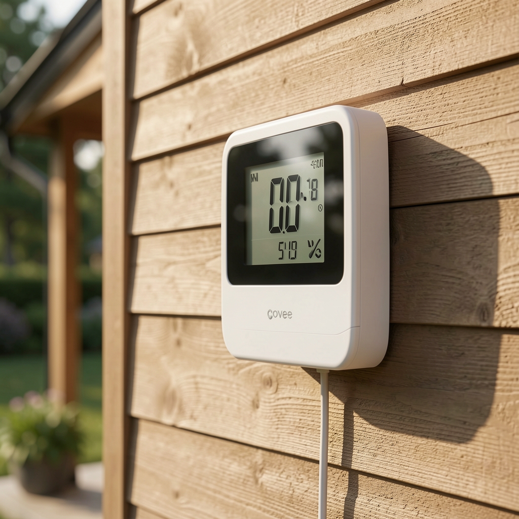 Govee H5054 спољашња метео станица са сензором температуре и влажности монтирана на спољашни зид куће